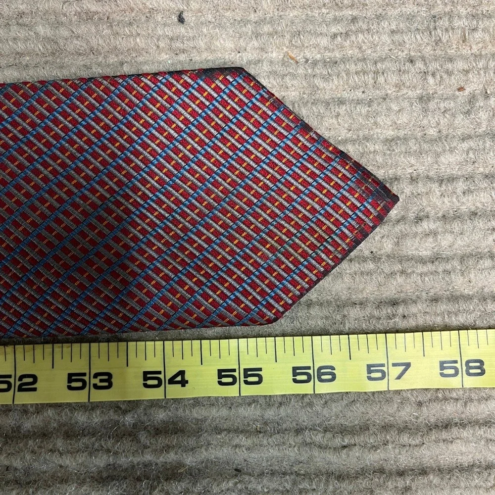 Filenes Mens Store Silk Tie by Pulitzer Red Blue Geometric Grid Pattern Vintage